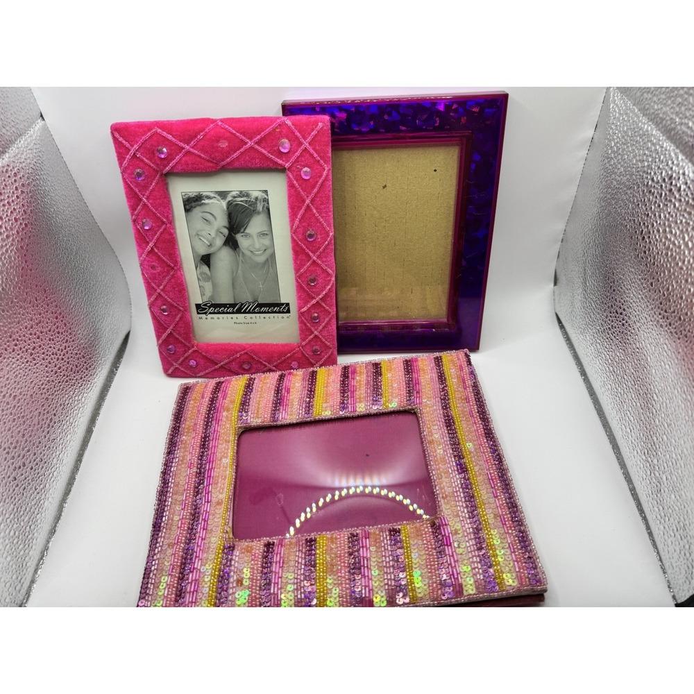 Pink Purple Photo Frame Set Velvet Rhinestone Beaded Y2K Aesthetic 3 Piece Lot